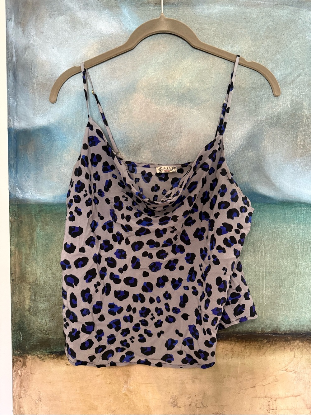 Free People Blue and Black Leopard Print Cowl Neck Camisole